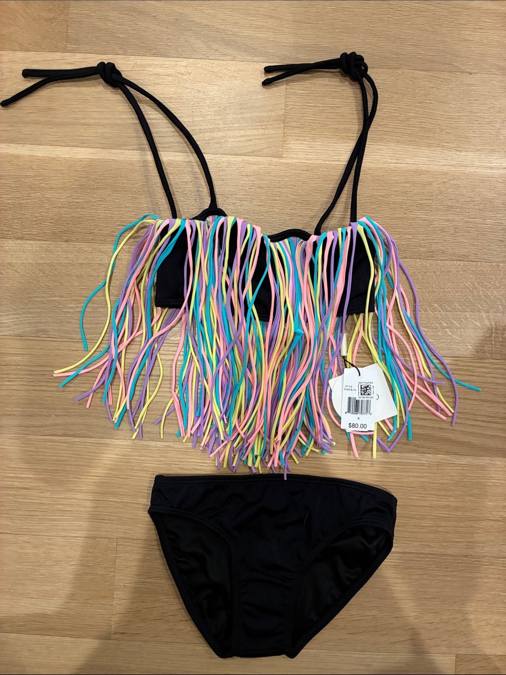 NWT Girls Black Bikini with Multicolor Fringe Top